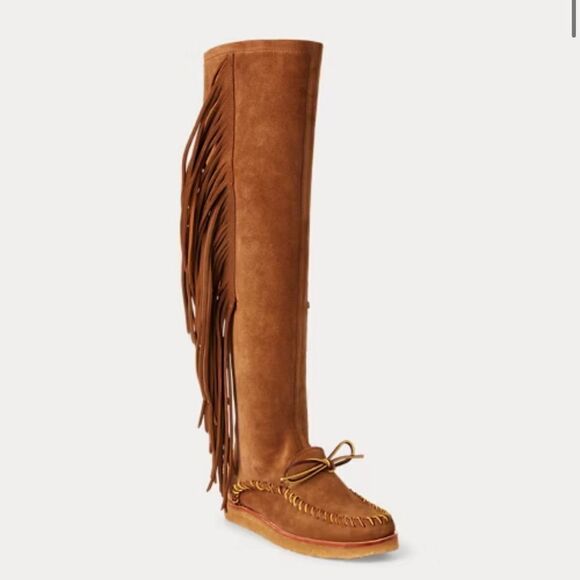 Polo Ralph Lauren Channing Fringe Moccasin Tall Knee High Leather Boot 9.5 NEW - Picture 2 of 3